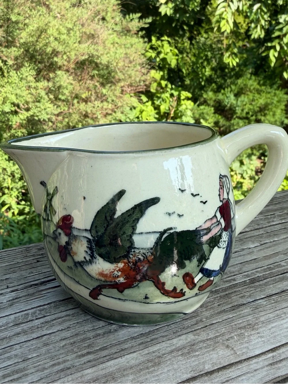 Made in Austria Creamer Woman Chasing Rooster 7258 Sage green And Cream